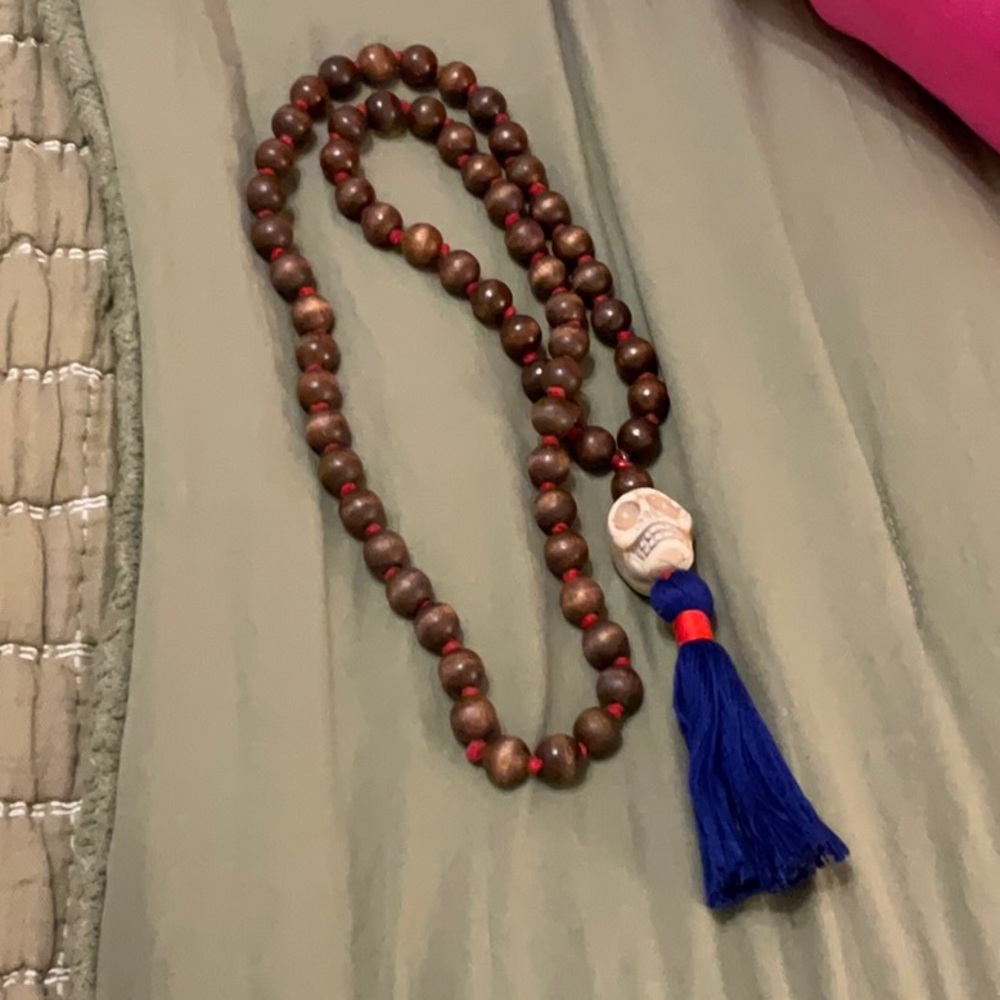 Handmade Brown Wood Bead Necklace with Blue Tassel